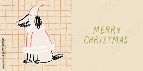Retro vintage christmas greeting card in pencil or chalk drawing art style. Cute poster or placard print with dog in santa claus costume. New year creative party invitation with cute charcoal puppy.