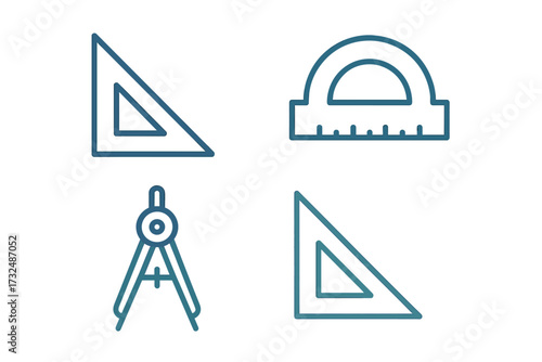 Essential geometric measuring and drawing tools collection with protractor, compass, and triangular rulers