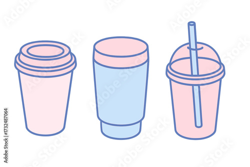 Diverse selection of beverage cups including lidded coffee cups, tumblers, and cold drink cups with straws