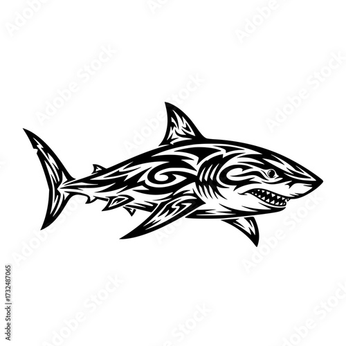Vector art of intricate tribal tattoo style shark illustration with sharp teeth and swirling patterns