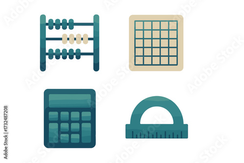 Essential mathematical and educational tools set featuring an abacus calculator protractor and grid icon