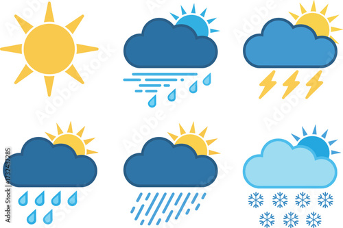 Weather forecast icons set vector illustration of sun rain cloud snow and thunderstorm