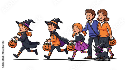 Halloween Adventures: Adorable children and parents dressed in costumes, venture together, collecting treats during a festive holiday. capturing moments of joy, magic and excitement.