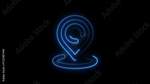Glowing blue neon location pin icon animation on black background digital abstract concept for