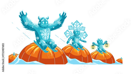Winter Wonderland Revelry: Whimsical ice characters joyfully toboggan down pumpkin slopes in a festive winter wonderland, with snow-kissed pumpkins and a lantern-bearing friend.