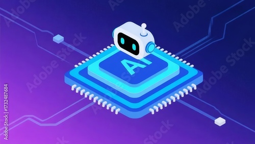 青と紫の背景上のAIマイクロチップとピクセルロボット