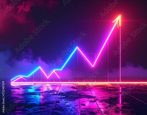 Glowing Neon Business Growth Line Chart on Dark Background