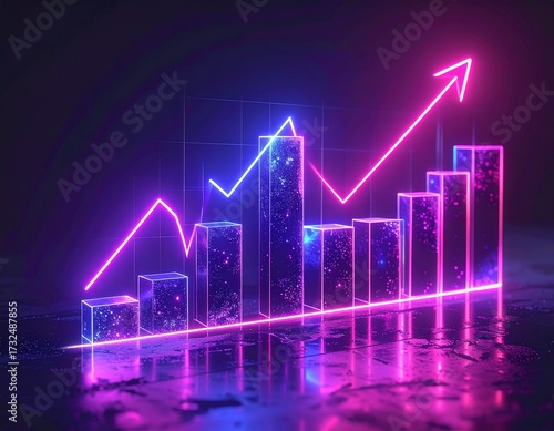 Glowing Neon Business Growth Line Chart on Dark Background