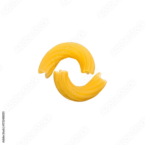 Two pieces of yellow macaroni pasta isolated on white background.