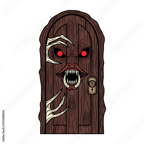 Spooky Door with Glowing Eyes and Sharp Teeth.