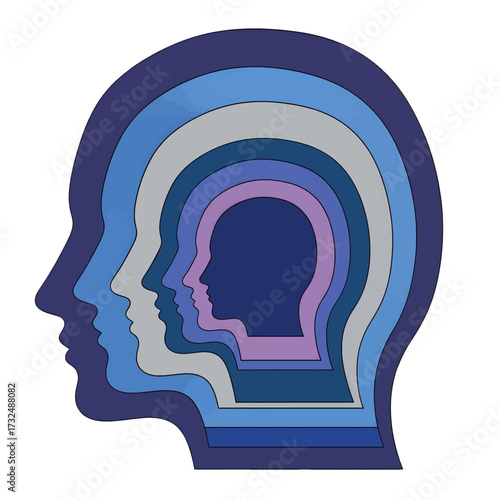 Human mind concept with layered heads representing consciousness.