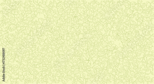 Light olive floral pattern with vines and leaves over a light yellow background