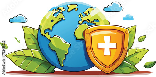 Cartoon Earth Protected by a Shield from Pollution and Environmental Harm