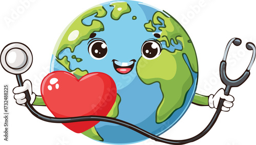Cartoon Earth with Heart and Stethoscope Representing Planet Health Awareness