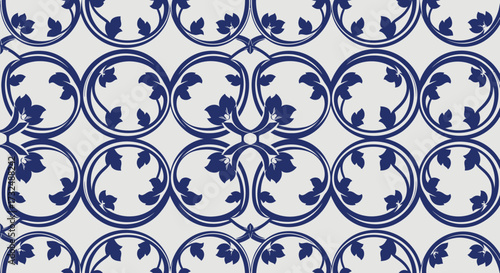 Repeating floral pattern of blue leaves and double-lined circles