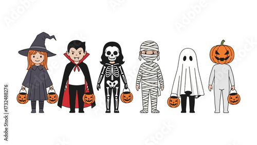 Halloween Characters: A colorful gathering of classic Halloween characters, each costumed for the festive occasion, holding a carved pumpkin.