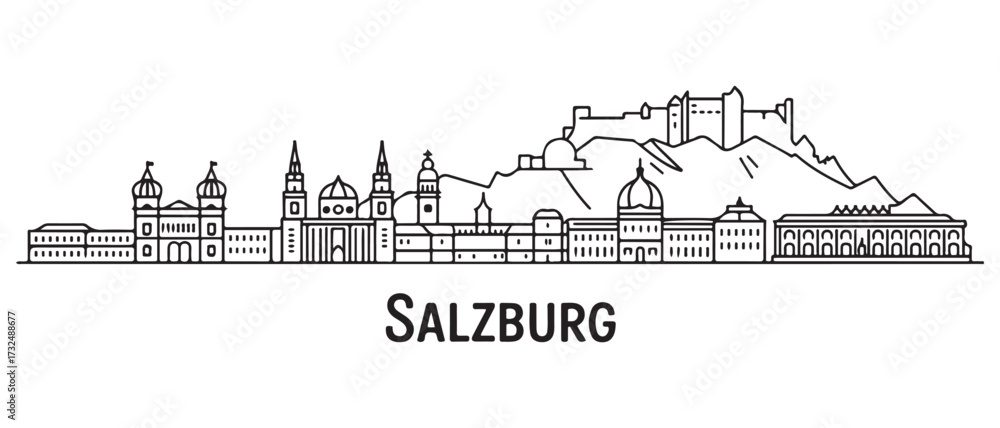 Fototapeta premium Salzburg Line Art skyline horizontal banner. Salzburg, Austria. with white background