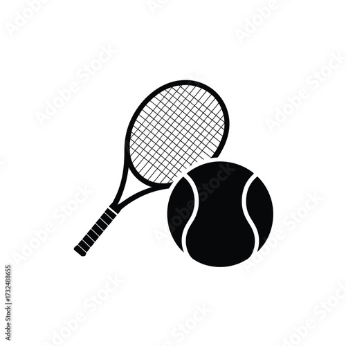 Black silhouette of a tennis racket and ball on a white background