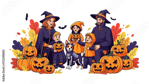 Halloween Family Gathering: A warm family is ready for the celebration day, children in cute costumes, a witch-hatted parent holding pumpkin and some spooky halloween accessories.