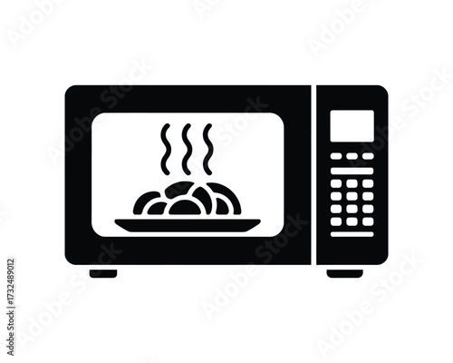 Simple black and white microwave illustration showing food heating up scalable vector graphic silhouette vector illustration white background