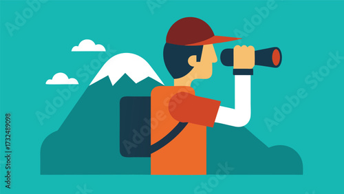 Flat Vector Illustration of a Hiker with Binoculars in the Mountains