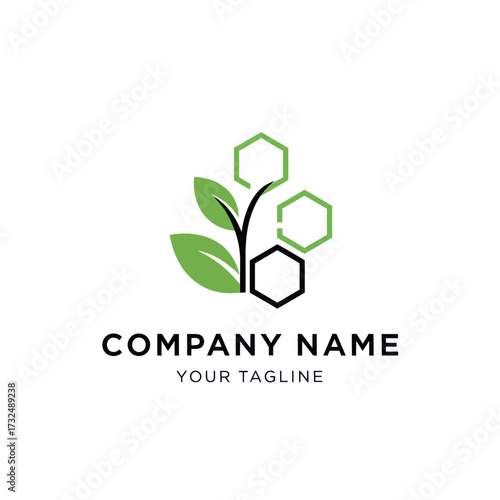 Modern Green Plant with Hexagonal Structure Logo for Biotechnology, Agriculture, Science, or Sustainable Company Branding on White Background, Flat Vector Elements, Vector Illustration, Simple