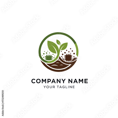 Modern AgriTech Logo Design with Green Plant, Soil, and Circuit Board Elements Representing Farming and Sustainable Technology, Flat Vector Elements, Vector Illustration, Simple Vector, Stylized