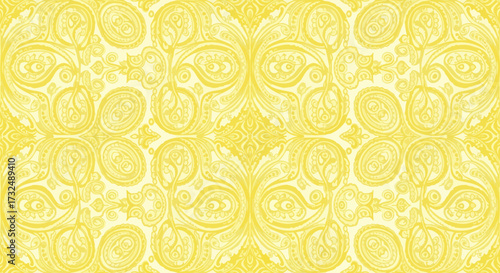 Sunny gold paisley pattern, symmetric, textural design repeats