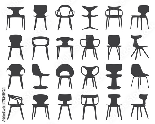 Collection of 25 modern silhouette chair designs for interior design and furniture concepts silhouette vector illustration white background