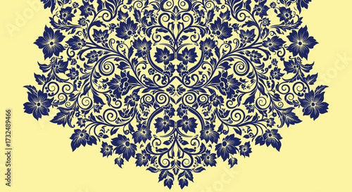 Blue floral flourish pattern on light yellow background