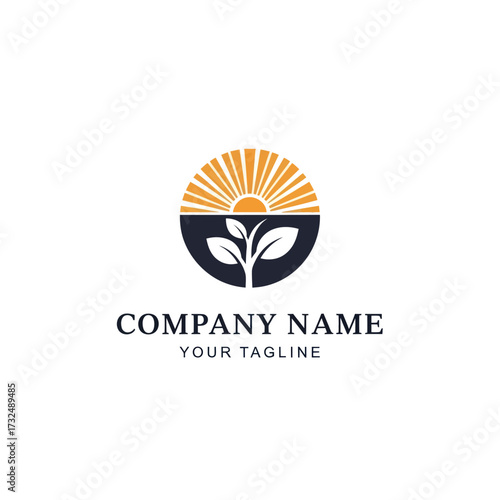 Minimalist circular logo design featuring a rising sun and a growing plant sprout, symbolizing nature, growth, and new beginnings for brand identity on a clean white background., Flat Vector