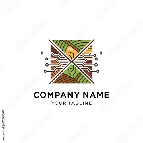 Modern Agritech Logo: Farming Fields with Integrated Digital Circuitry and Cloud Computing, Flat Vector Elements, Vector Illustration, Simple Vector, Stylized Vector Drawing, Vector Template, Clean