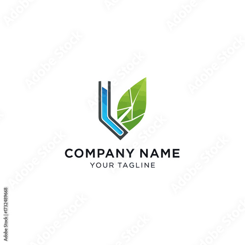 Modern U-shaped tube and green leaf logo for eco-friendly or scientific company branding, featuring blue liquid and placeholder text on a white background., Flat Vector Elements, Vector Illustration,