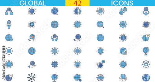 Collection of global technology and business icons representing connectivity vector