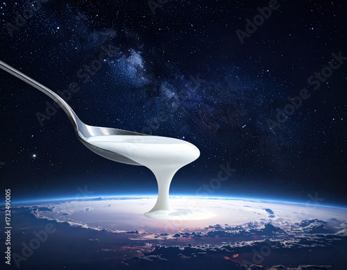 Giant spoon dairy white creamy galaxy cosmos surreal breakfast night sky gently drips over cloud horizon like milky river, dreamy mood blends cosmic wonder with playful fantasy above planet edge