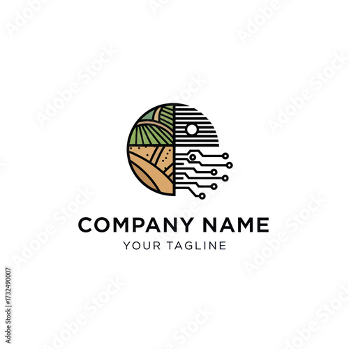 AgriTech Logo: Modern Design Blending Farmland and Circuitry for Agriculture and Digital Farming Solutions, Flat Vector Elements, Vector Illustration, Simple Vector, Stylized Vector Drawing, Vector