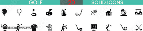 Golf solid icon set sports activities equipment and actions vector