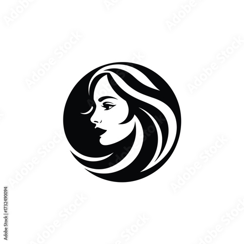 Elegant black and white silhouette of a woman s profile in a circle