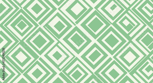 Abstract geometric pattern green and white, repeating diamonds and partial squares
