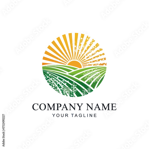 Modern Agricultural Technology Logo with Green Fields, Sunrise, and Digital Network Elements for Farming Branding, Flat Vector Elements, Vector Illustration, Simple Vector, Stylized Vector Drawing,