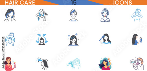 Hair care icons set featuring diverse hairstyles and treatments vector