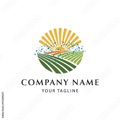 Modern Agritech Logo featuring a Sunrise over Green Fields with a Digital Network Overlay, symbolizing Farming, Agricultural Innovation, and Sustainable Growth for Company Branding, Flat Vector
