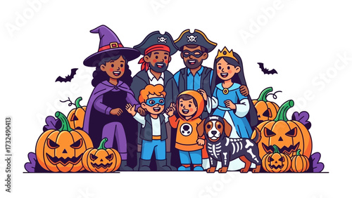 Halloween Family Fun: A vibrant illustration of a family adorned in festive costumes, accompanied by a dog, set against a backdrop of cheerful jack-o'-lanterns and fluttering bats.
