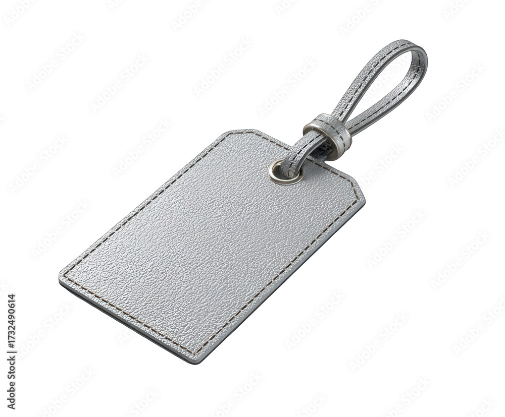 Fototapeta premium A single silver glitter luggage tag with a leather loop, isolated on a transparent background, perfect for travel and personal accessory collections
