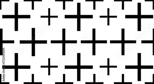 Plus sign pattern. Black plus shapes of varied sizes on a white field in staggered rows