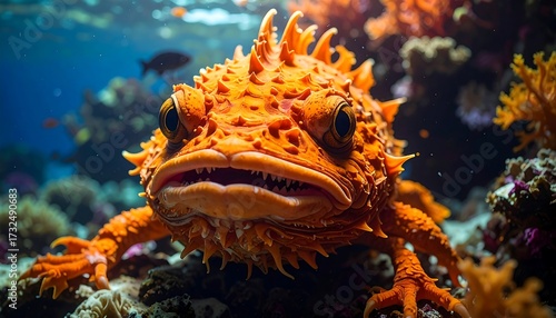 Fototapeta Naklejka Na Ścianę i Meble -  Close-up of an orange spiny fish in coral reef