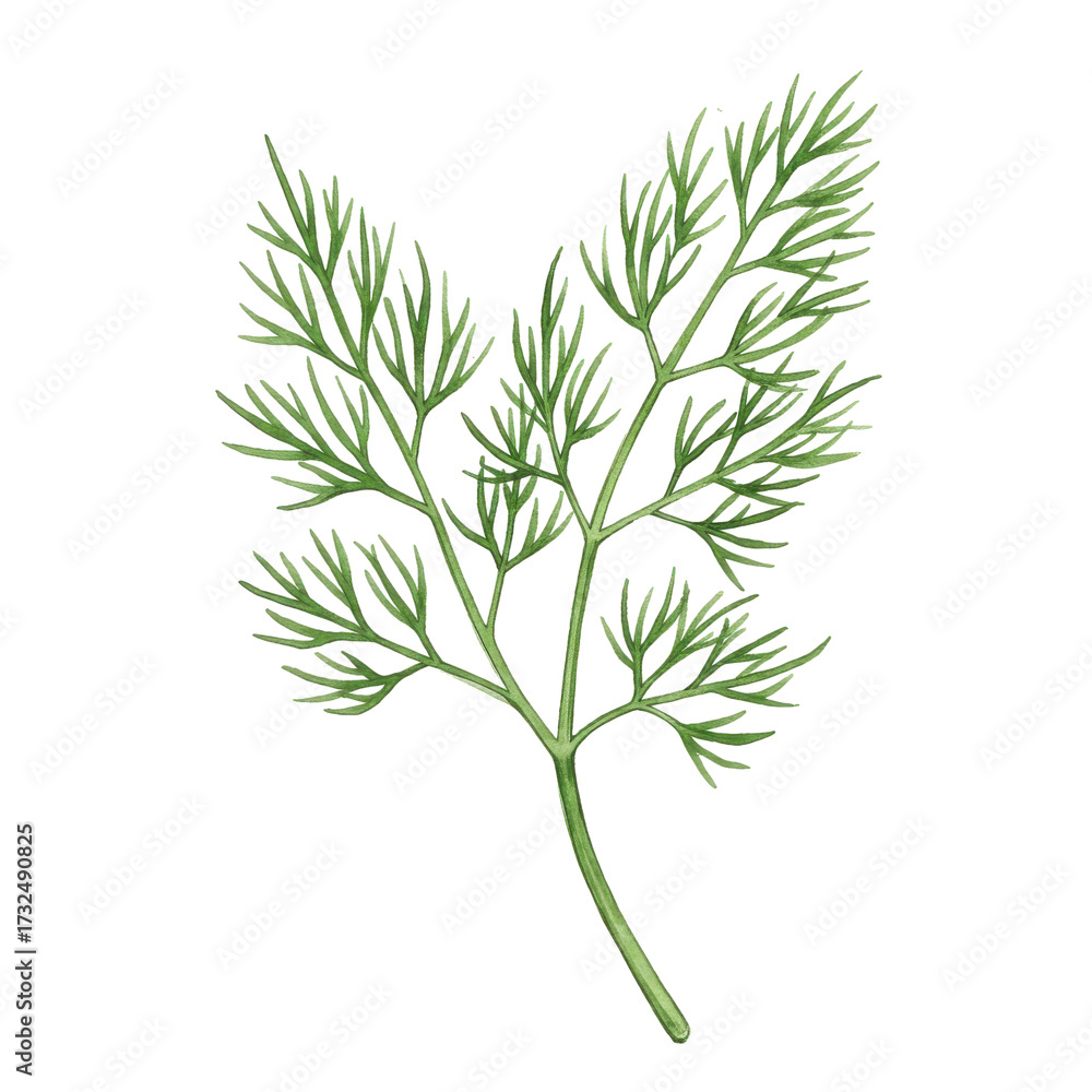 Fototapeta premium Delicate watercolor dill sprig with detailed leaf structure isolated on white background