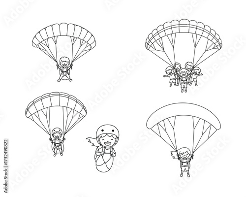 Four stylized line art illustrations of parachutes with figures descending including one whimsical character in a helmet
