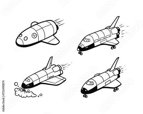 Collection of four hand drawn black and white illustrations of space shuttles and a capsule in various dynamic poses and stages of flight