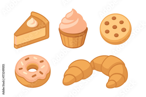 Assortment of delicious sweet baked goods and pastries including pie, cupcake, cookie, donut, and croissant